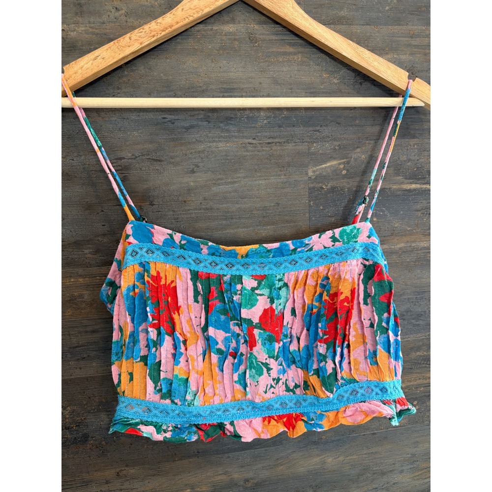 Anthropologie Floral Smocked Crop Top Blue Lace Trim Camisole Large